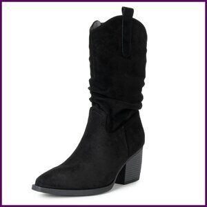 Women's Western Slouch Boots Mid Calf Block Heel Cowboy Booties